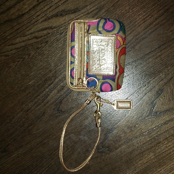 Coach Poppy Multicolor Optic C Satin Zippy Metallic Gold Wallet Wristlet - Picture 1 of 11